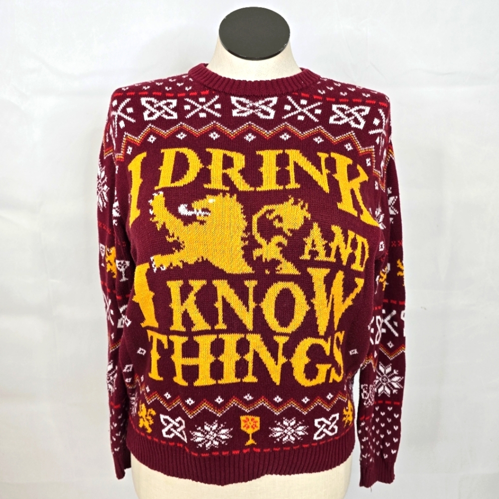 HBO Game Of Thrones Red "I Drink And I Know Things" Ugly Christmas Sweater Sz M